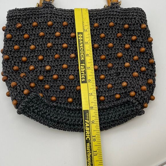 Crochet Handbag Black Beaded Bamboo Handle Boho Purse Zip Top Retro Bag Artisan - Picture 5 of 6